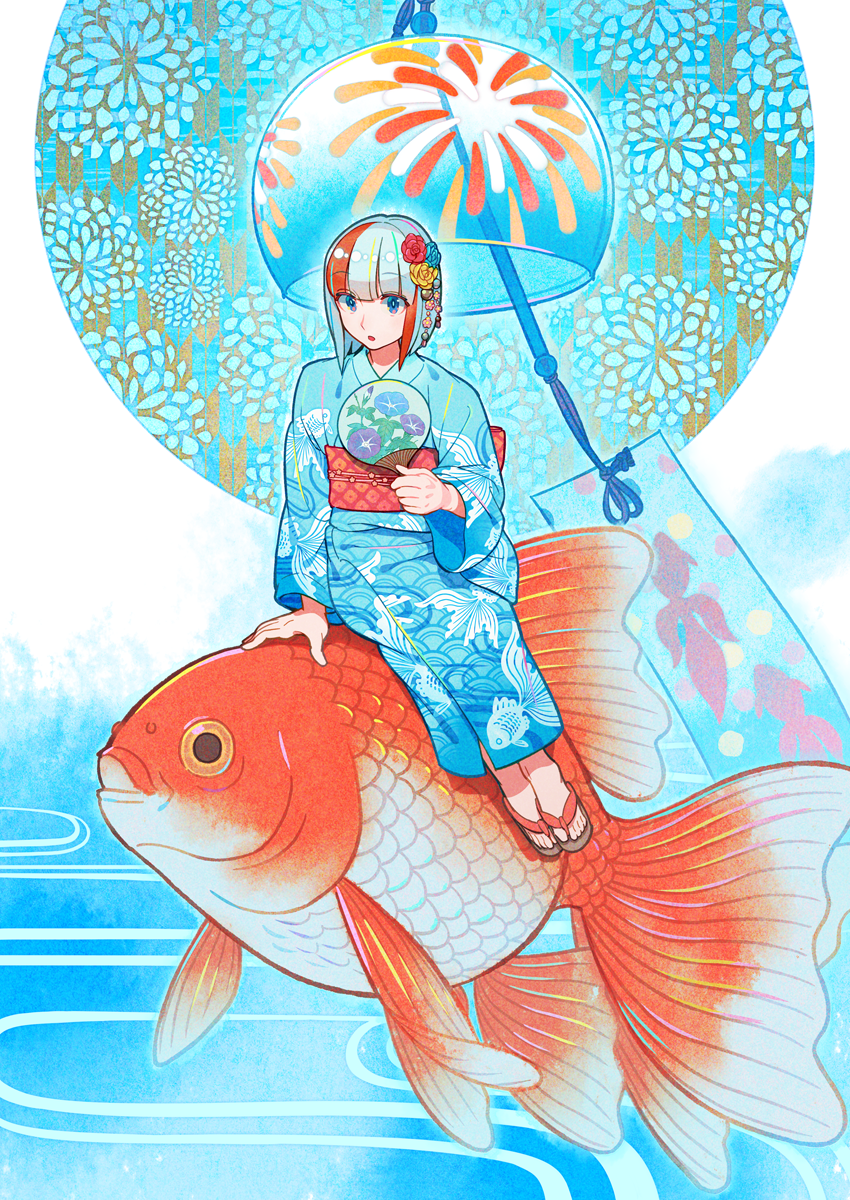 1girl bangs blue_eyes blue_flower blue_kimono eyebrows_visible_through_hair fish flower goldfish hair_flower hair_ornament hand_fan hand_up highres japanese_clothes kimono long_sleeves multicolored_hair nobile1031 obi original paper_fan print_kimono red_flower redhead sandals sash short_hair solo streaked_hair uchiwa white_hair wide_shot wind_chime yellow_flower yukata