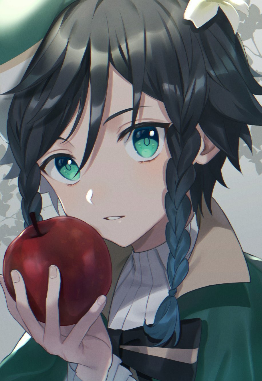 1boy apple bangs black_hair blue_hair bow bowtie braid flower food fruit genshin_impact gradient_hair green_eyes green_headwear grey_background hat hat_flower highres holding holding_food holding_fruit looking_at_viewer male_focus multicolored_hair parted_lips portrait side_braids simple_background solo unapyo_00 venti_(genshin_impact) white_flower