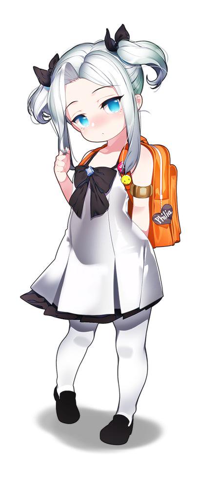 1girl backpack bag bangs blue_eyes blush double_bun dress eyebrows_visible_through_hair full_body loli looking_at_viewer miracle_snack_shop parted_bangs philia_salis randoseru ribbon sleeveless sleeveless_dress solo thigh-highs ukero white_dress