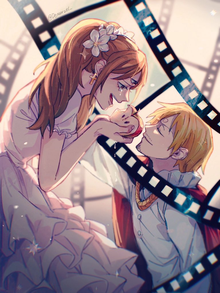 apple blonde_hair brown_hair cape charlotte_pudding cross cross_earrings crying crying_with_eyes_open demorzel dress earrings film_strip flower food fruit hair_flower hair_ornament jewelry long_hair one_piece sanji short_hair smile tears third_eye twintails wedding_dress