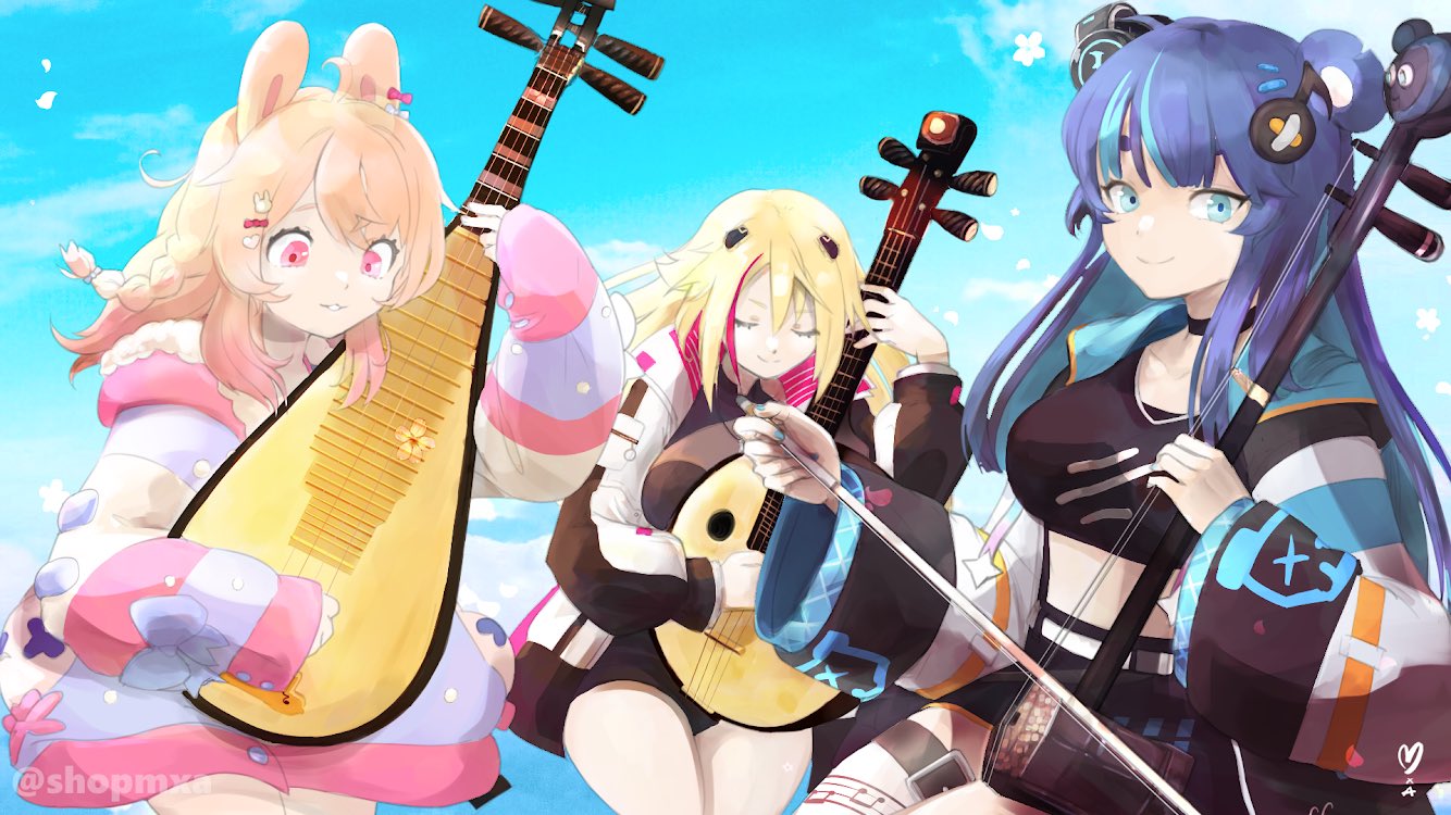 3girls animal_ears artist_request bangs bear_ears bear_girl black_skirt blonde_hair blue_bow blue_eyes blue_hair bow braid breasts closed_eyes crop_top english_commentary eyebrows_behind_hair fujikura_uruka hood hoodie instrument jacket long_hair mandolin medium_breasts multiple_girls music phase_connect pink_eyes pink_hair pipkin_pippa playing_instrument rabbit_ears rabbit_girl rinkou_ashelia second-party_source skirt smile twitter_username virtual_youtuber white_jacket