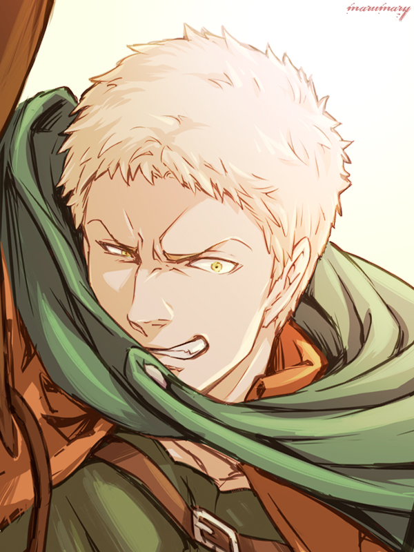 1boy blonde_hair boots capelet chest_harness close-up face feet_out_of_frame frown green_capelet green_shirt grin harness leather leather_boots looking_at_viewer male_focus maru_mary pectorals reiner_braun shingeki_no_kyojin shirt short_hair sideburns smile solo