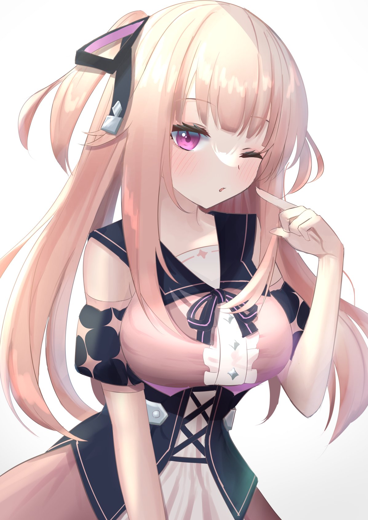 bangs black_corset blush breasts commission corset highres hoshifuri_iku looking_at_viewer medium_breasts one_eye_closed open_mouth pink_hair pointing pointing_at_self prism_project sailor_collar skeb_commission takmi two_side_up upper_body violet_eyes virtual_youtuber white_background