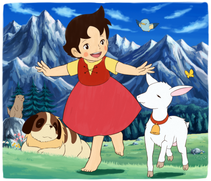 1girl :d alps_no_shoujo_heidi barefoot bird blush_stickers brown_hair bug butterfly clouds commentary_request day dog flower goat grass heidi leg_up mountain official_style open_mouth outdoors outstretched_arms pokemoa rock short_hair sky smile standing standing_on_one_leg toes tongue tree upper_teeth world_masterpiece_theater