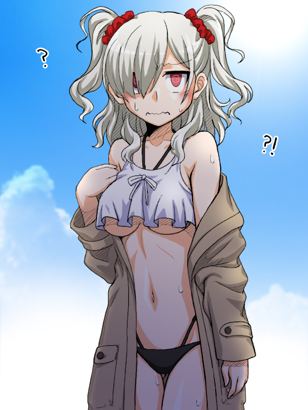 !? 1girl ? @_@ asymmetrical_bangs bangs bikini black_bikini blue_sky breasts brown_jacket closed_mouth clouds cloudy_sky commentary_request cowboy_shot crop_top frown hair_over_one_eye halterneck jacket komagome_azuzu long_sleeves looking_at_viewer medium_hair multi-strapped_bikini navel off_shoulder oosaka_kanagawa red_eyes red_scrunchie scrunchie senyoku_no_sigrdrifa shirt silver_hair sky solo standing sun sweat swimsuit thigh_gap twintails under_boob white_shirt