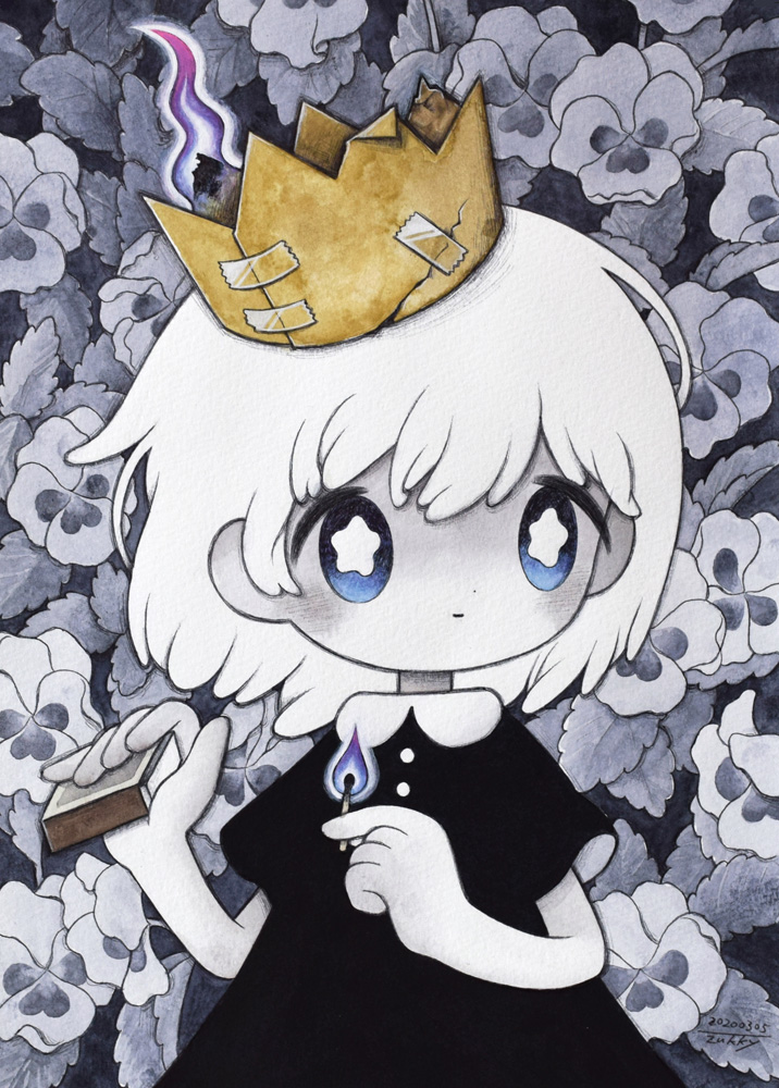 1girl bangs black_dress blue_eyes bright_pupils candle crown dress fire flower hands_up holding holding_candle medium_hair original pansy short_sleeves solo spot_color tape upper_body white_hair white_pupils zukky000