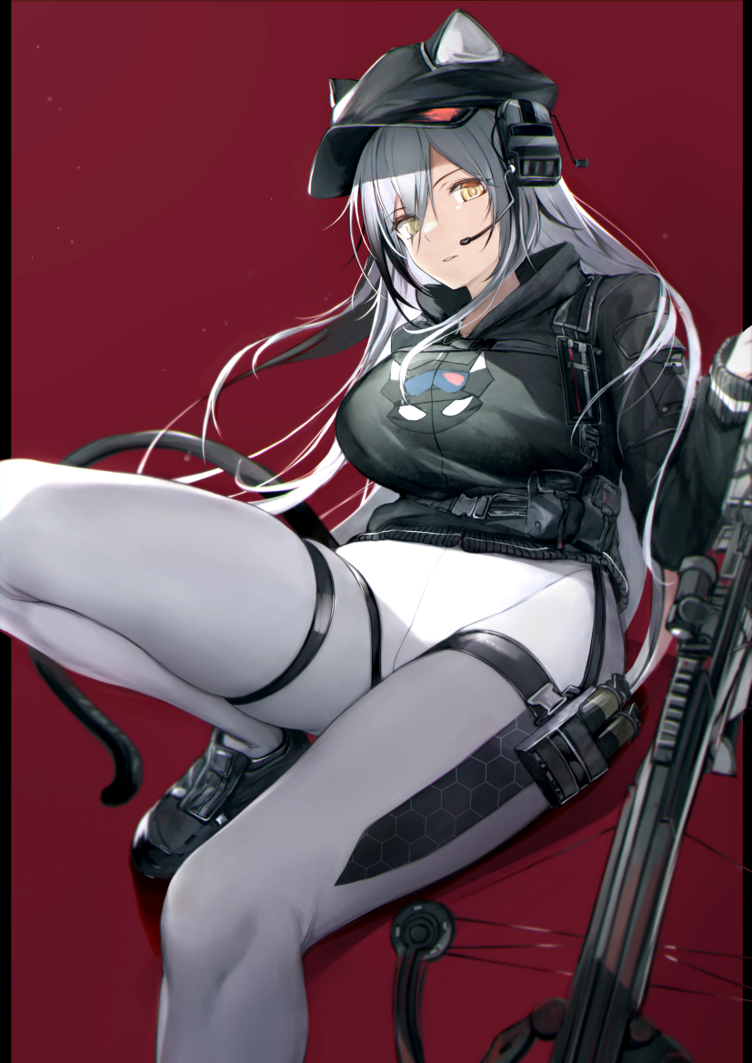 1girl 8gou animal_ears arknights black_footwear black_headwear black_jacket breasts cat_ears cat_girl cat_tail crossbow ears_through_headwear headset jacket knee_up large_breasts long_hair long_sleeves looking_at_viewer official_alternate_costume pants parted_lips red_background schwarz_(arknights) schwarz_(skyline)_(arknights) silver_hair simple_background solo tail thigh_strap tight tight_pants very_long_hair white_pants yellow_eyes