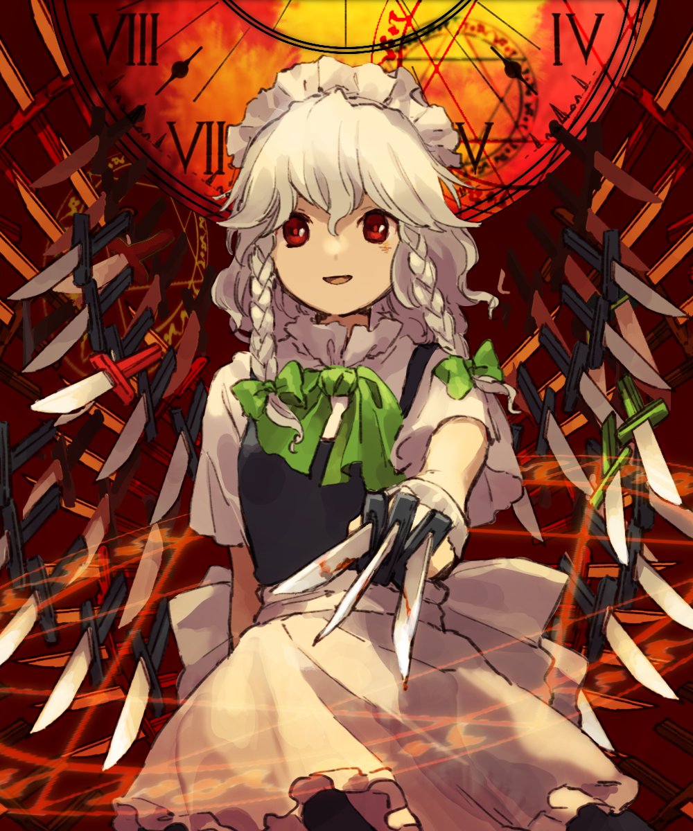 1girl apron bangs between_fingers blood blood_on_knife blue_dress bow braid clock dress floating floating_object green_bow green_neckwear grey_hair hair_bow highres holding holding_knife izayoi_sakuya kaigen_1025 knife looking_at_viewer maid_headdress medium_hair neck_ribbon open_mouth red_background red_eyes ribbon shirt short_sleeves smile solo touhou twin_braids upper_body waist_apron white_shirt