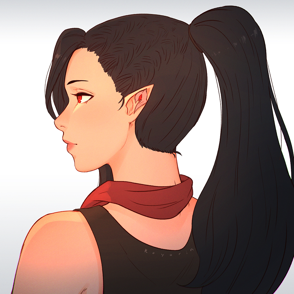 1girl black_hair earrings elezen elf facing_away final_fantasy final_fantasy_xiv from_behind hilda_ware hybrid hyur jewelry koyorin long_hair pointy_ears ponytail red_eyes scarf tank_top upper_body white_background