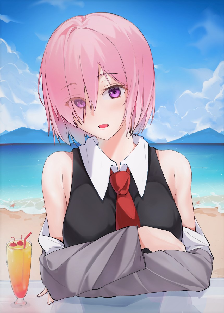 1girl bangs bare_shoulders beach black_dress blue_sky blush breasts clouds collared_dress commentary crossed_arms cup day dress drink drinking_glass eyebrows_visible_through_hair eyes_visible_through_hair fate/grand_order fate_(series) grey_jacket hair_over_one_eye head_tilt highres jacket large_breasts looking_at_viewer mash_kyrielight necktie ocean off_shoulder open_mouth outdoors pink_hair red_neckwear sand short_hair sky sleeveless sleeveless_dress solo starfish symbol-only_commentary table upper_body viewran violet_eyes water