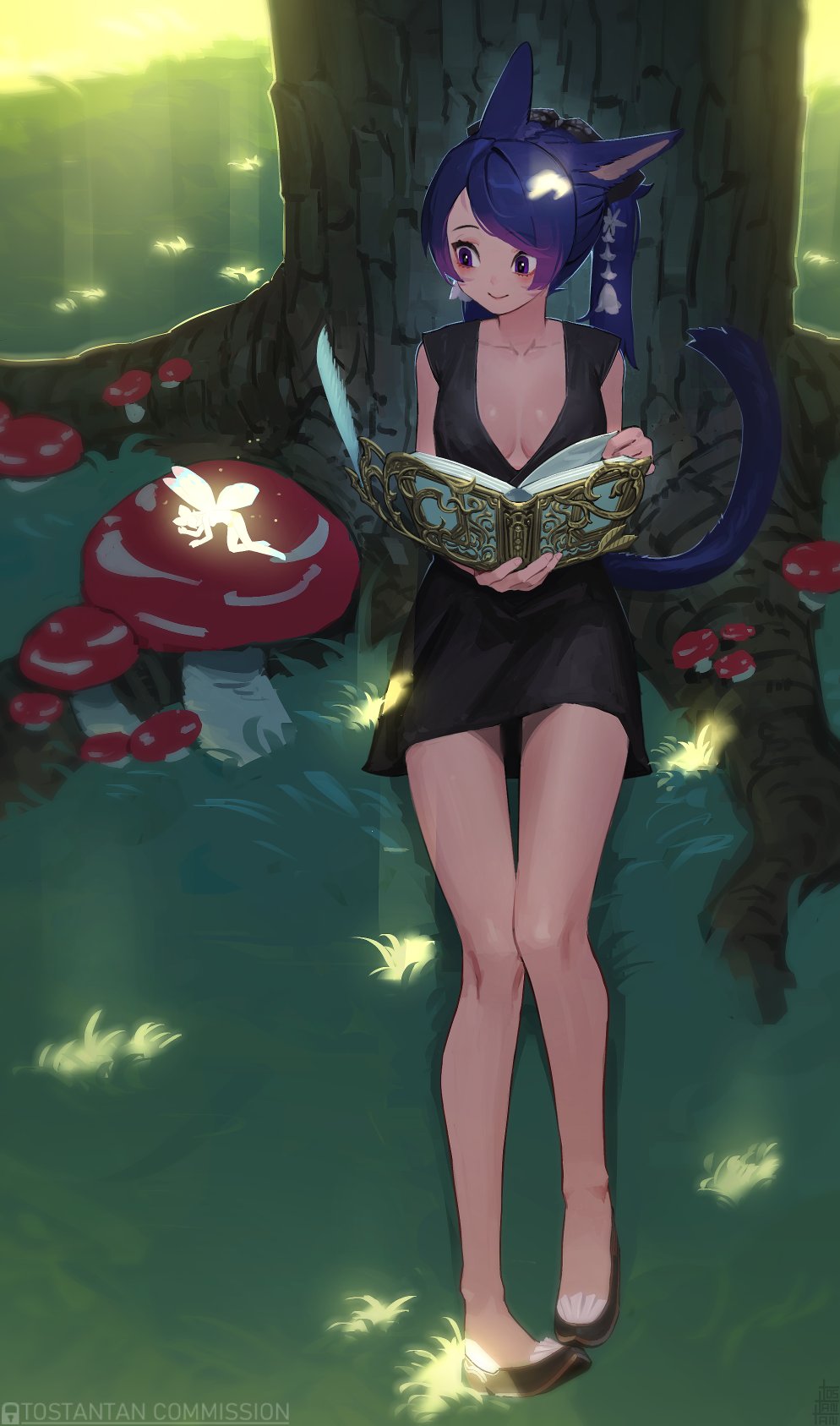 1girl artist_name black_dress blue_hair blush book breasts breasts_apart commission dress fairy glowing grass highres holding holding_book mushroom open_book original sleeveless sleeveless_dress smile solo tostantan tree