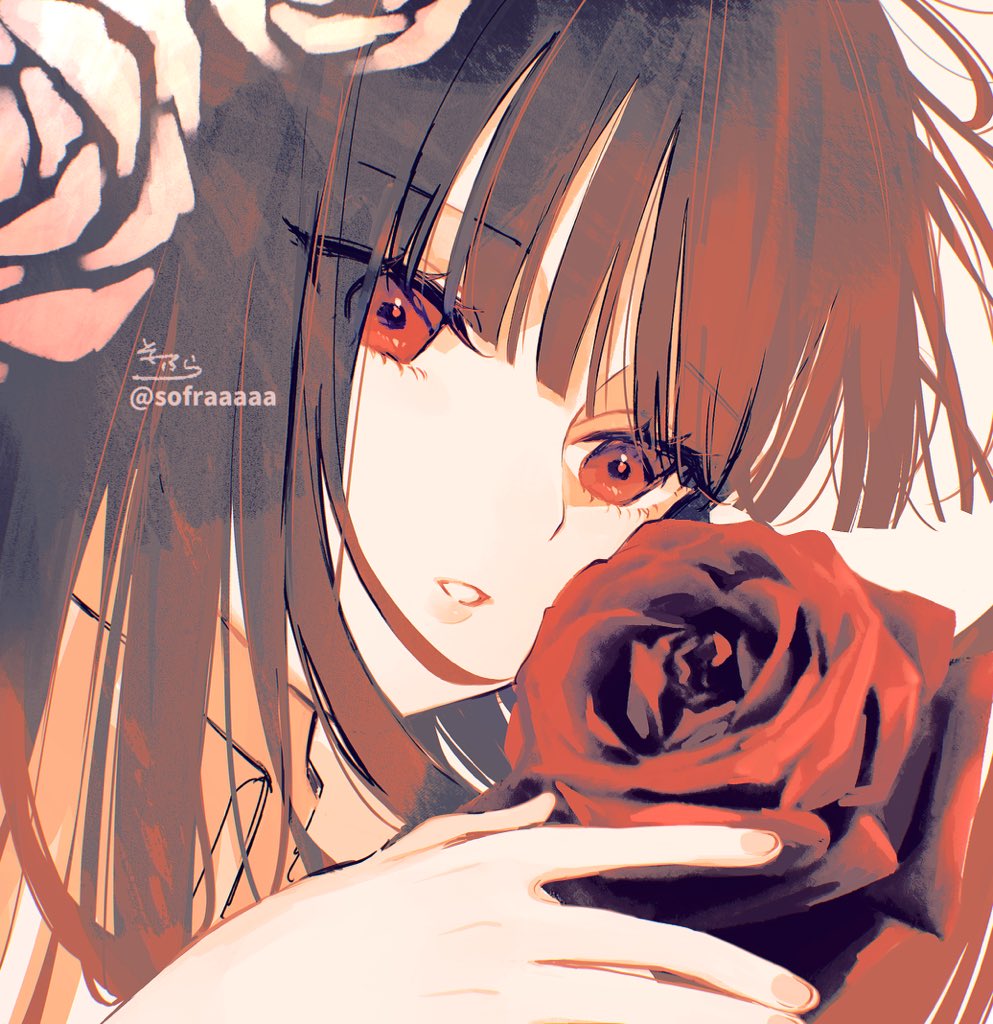 1girl bangs brown_hair collared_shirt commentary eyebrows_visible_through_hair flower ib ib_(ib) portrait red_eyes red_flower red_rose rose shirt signature sofra solo twitter_username white_shirt