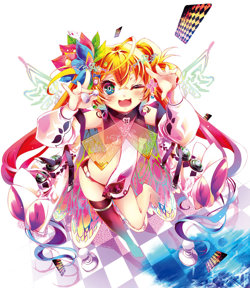 1girl ;d asymmetrical_legwear bangs bare_legs barefoot blue_eyes blush breasts card checkered chess_piece coat commentary earrings eyebrows eyelashes flower green_eyes hair_between_eyes hair_flower hair_ornament hand_up jewelry kamiya_yuu leg_up multicolored multicolored_eyes multicolored_hair nail no_game_no_life official_art one_eye_closed open_clothes open_coat open_mouth revealing_clothes ringed_eyes see-through small_breasts smile twintails under_boob wings yellow_nails
