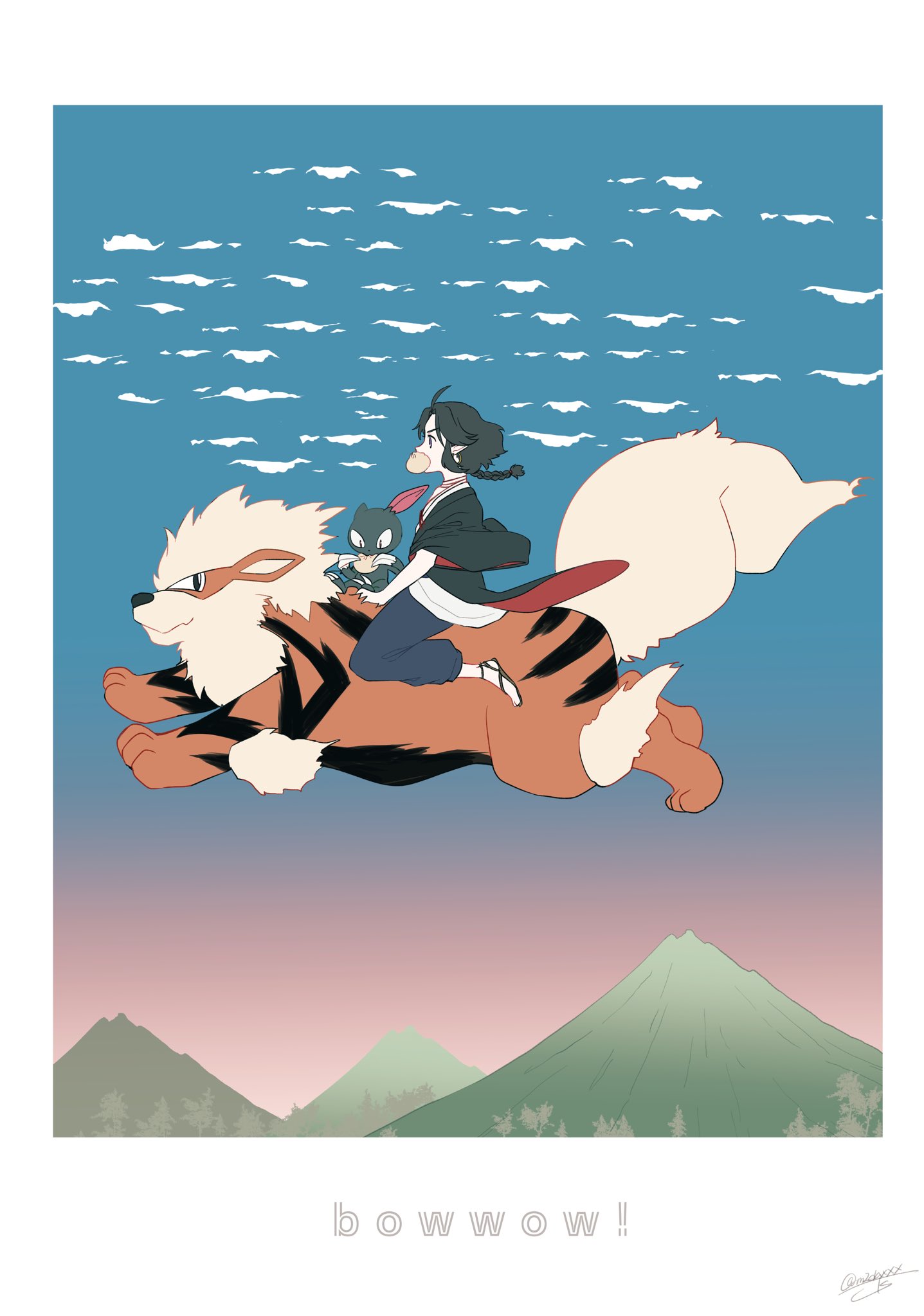 1boy arcanine black_hair braid braided_ponytail highres lanxi_zhen long_hair matsuda_(2139845) mountain mouth_hold pokemon pokemon_(creature) profile sandals signature sneasel solo the_legend_of_luo_xiaohei wide_shot xuan_li_(the_legend_of_luoxiaohei)