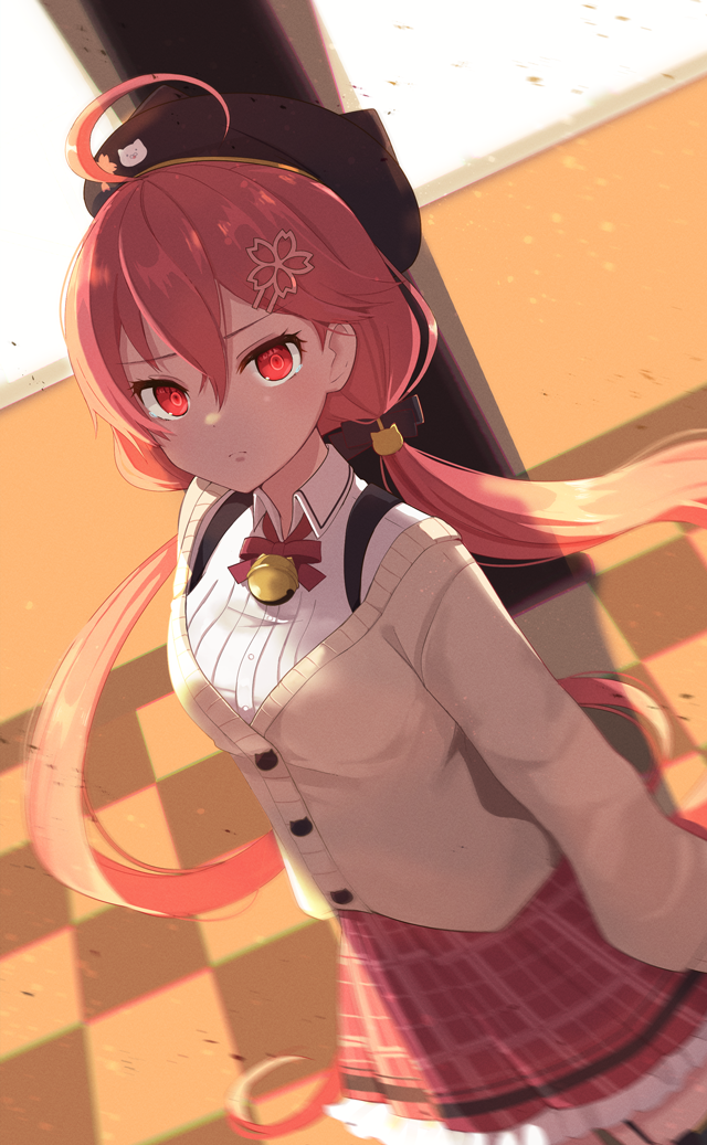 1girl ahoge alternate_costume alternate_hairstyle beret commentary_request hair_between_eyes hair_ornament hairclip hat hololive long_hair looking_at_viewer low_twintails morikome_(moririce) pink_hair red_eyes sakura_miko school_uniform solo tile_floor tiles twintails undertale window