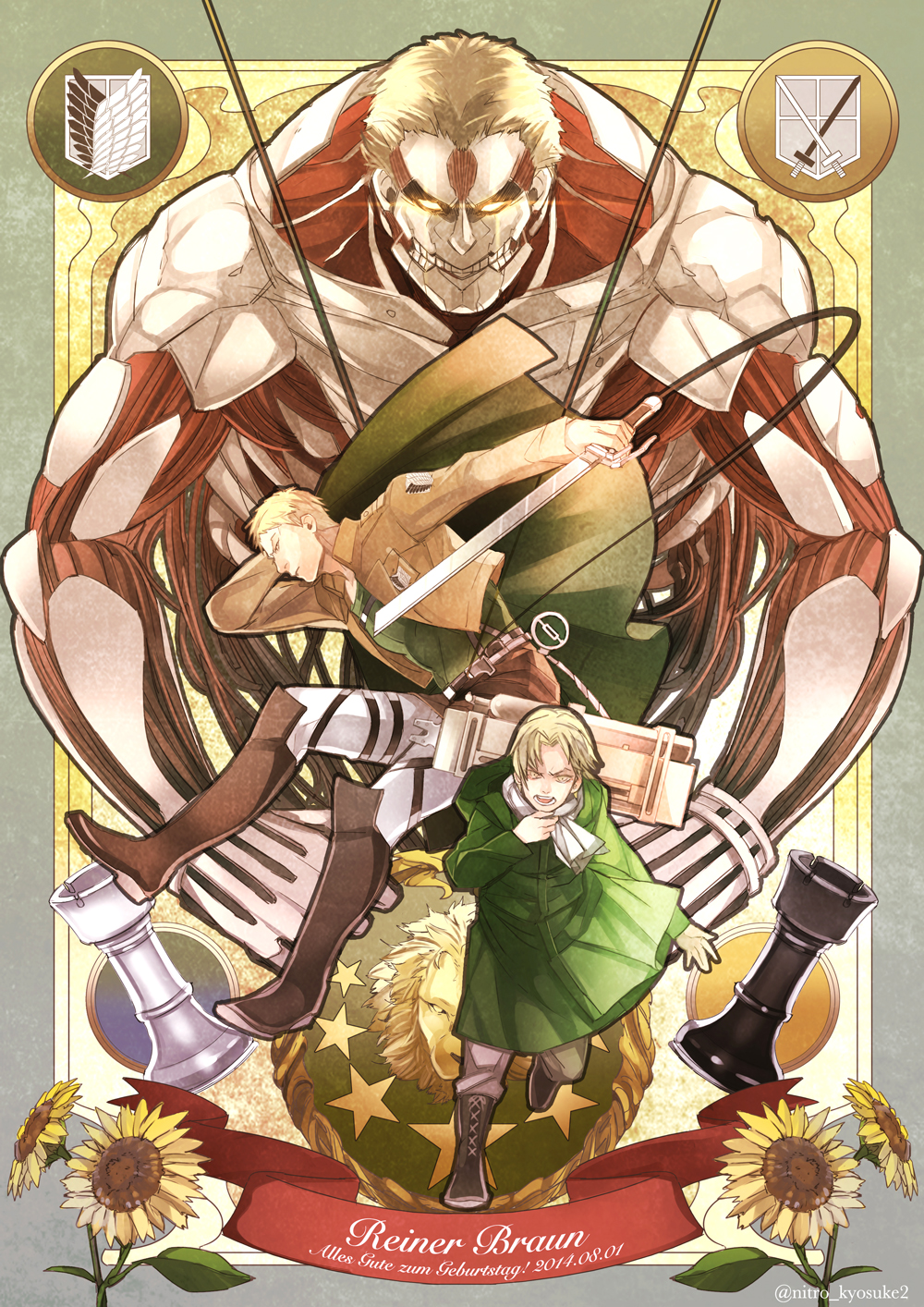 1boy age_progression armored_titan blonde_hair boots capelet chess_piece chest_harness child english_text eye_trail flower full_body giant giant_male glowing glowing_eyes green_capelet harness highres holding holding_weapon knee_boots kyosuke leather male_focus raincoat reiner_braun shingeki_no_kyojin short_hair sideburns spoilers sunflower weapon yellow_flower younger