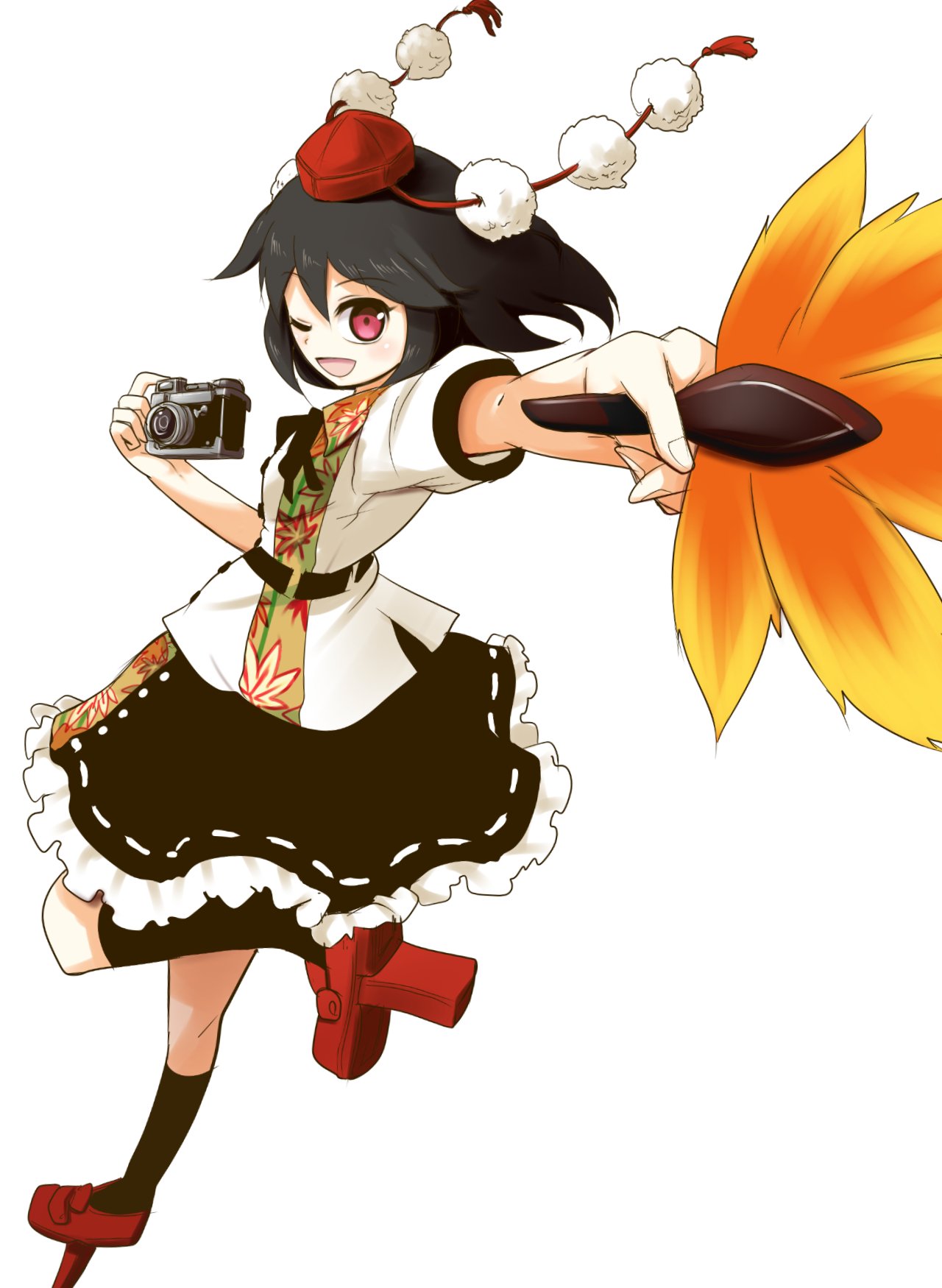 1girl bangs black_hair black_legwear black_skirt blush breasts camera commentary_request frilled_skirt frills full_body geta hat hauchiwa highres holding holding_camera joyfull_(terrace) leaf-pattern_stripe looking_at_viewer one_eye_closed open_mouth pom_pom_(clothes) red_eyes red_footwear red_headwear ribbon-trimmed_skirt ribbon_trim shameimaru_aya shirt short_hair short_sleeves simple_background skirt small_breasts socks solo tassel tengu-geta tokin_hat touhou white_background white_shirt