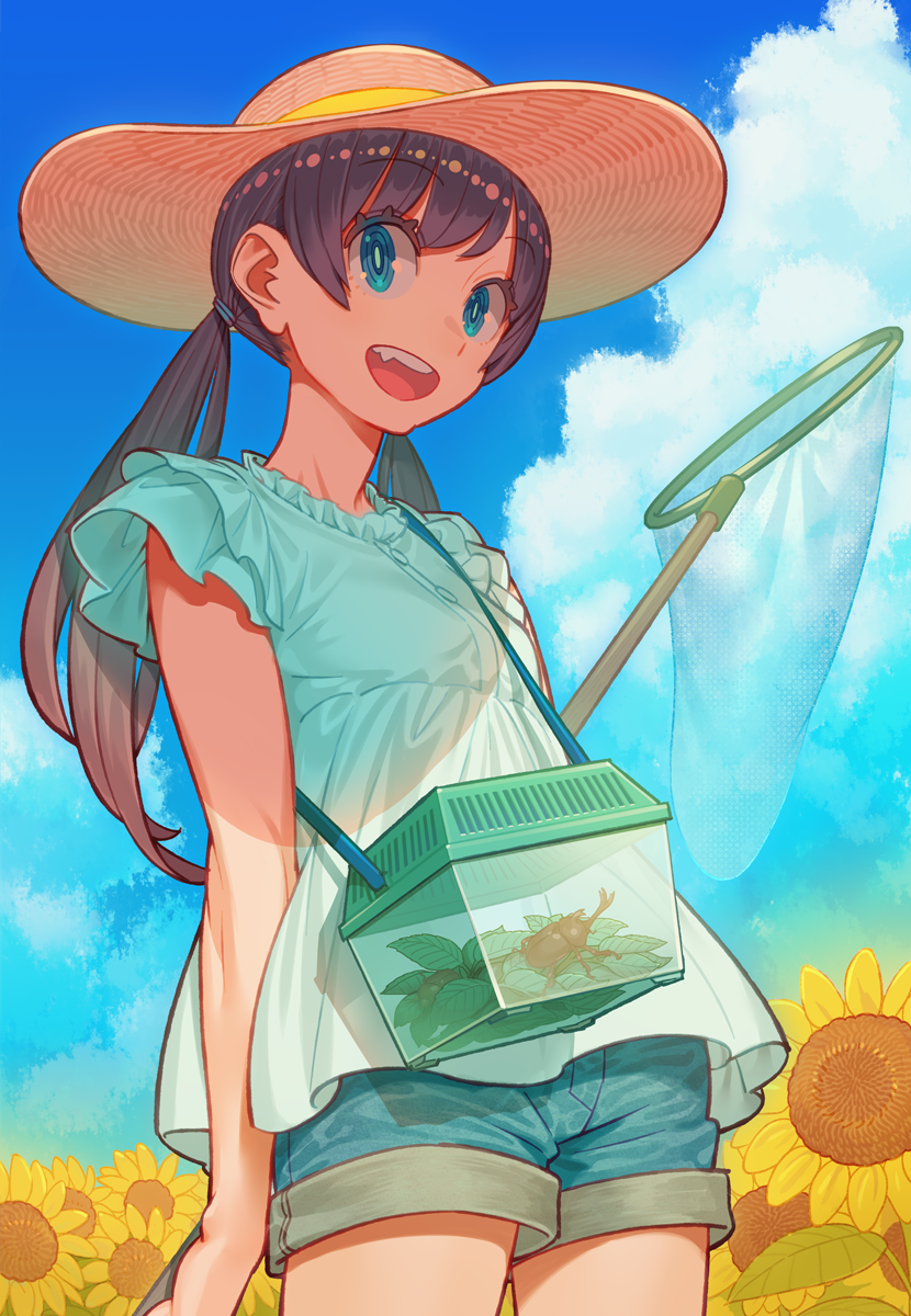 1girl black_hair blue_eyes blue_shorts blue_sky butterfly_net clouds cloudy_sky cowboy_shot flower hand_net hat highres leaf long_hair looking_at_viewer nobile1031 open_mouth original outdoors plant rhinoceros_beetle shirt short_shorts shorts sky sleeveless sleeveless_shirt smile solo straw_hat sunflower twintails white_shirt yellow_flower
