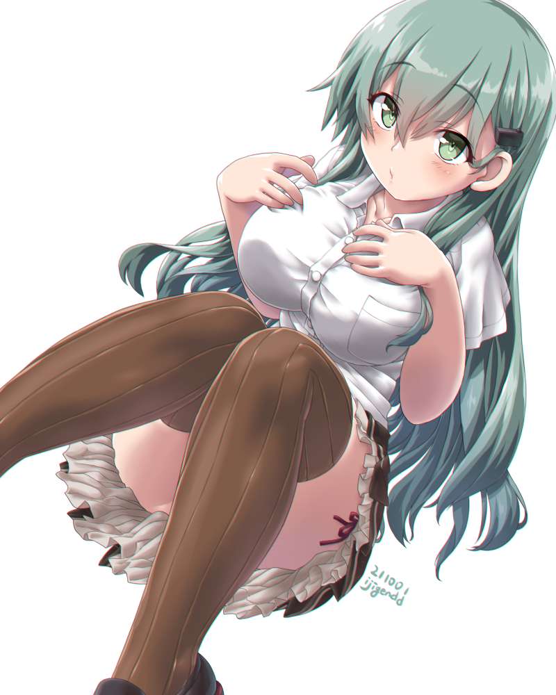 1girl aqua_hair blush breasts brown_legwear brown_skirt collarbone dated dd_(ijigendd) frilled_skirt frills green_eyes hair_ornament hairclip hands_on_own_chest kantai_collection large_breasts long_hair looking_at_viewer pleated_skirt shirt short_sleeves simple_background sitting skirt solo suzuya_(kancolle) white_background white_shirt