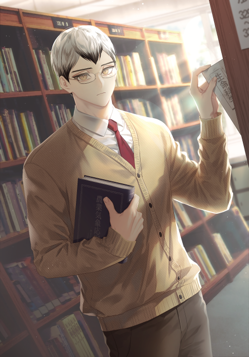 1boy beige_cardigan book bookshelf buttons cardigan glasses grey_hair haikyuu!! hemoon holding holding_book indoors kita_shinsuke library long_sleeves looking_at_viewer male_focus multicolored_hair necktie pants red_neckwear school_uniform shirt short_hair solo two-tone_hair white_shirt yellow_eyes