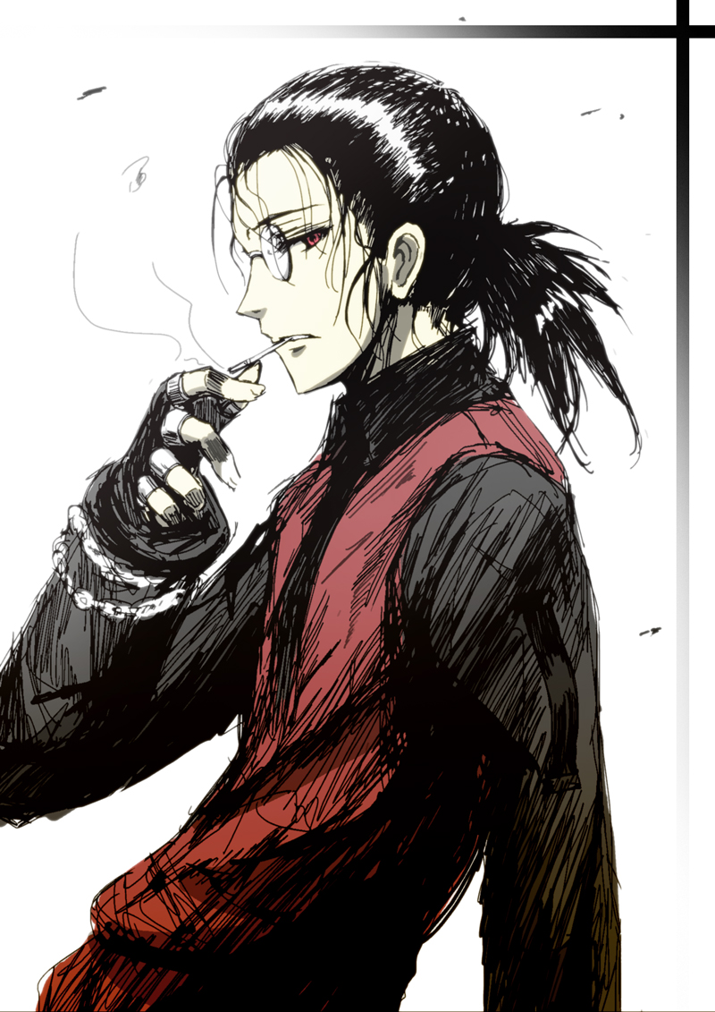 1boy age_regression black_hair black_shirt cigarette gloves hellsing jewelry monocle ponytail red_eyes red_vest ring shirt smoking tied_hair vest wakame walter_c._dornez younger