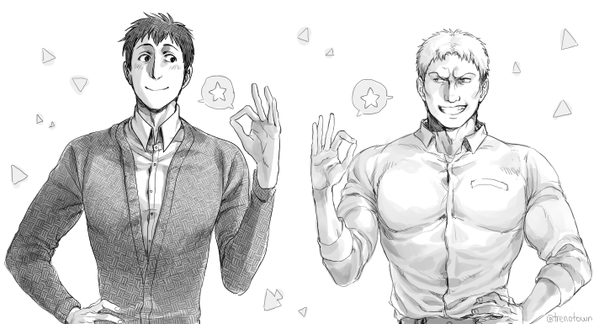 2boys bertolt_hoover blonde_hair brown_hair collared_shirt eye_contact greyscale large_pectorals looking_at_another male_focus monochrome multiple_boys nene_(10575936) ok_sign pectorals reiner_braun shingeki_no_kyojin shirt short_hair smile upper_body