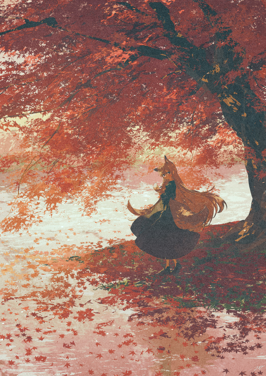 1girl animal_ears autumn autumn_leaves black_dress black_footwear day dress fox_ears fox_girl fox_tail highres leaf long_hair looking_at_viewer maple_leaf nature original outdoors potg_(piotegu) scenery shade solo standing tail tree