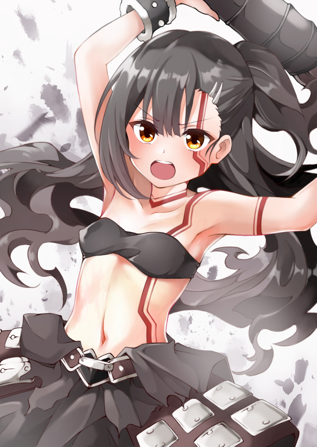 1girl armor arms_up bandeau bangs bare_shoulders black_hair blush body_markings bracelet breasts brown_eyes clenched_teeth collarbone commentary cosplay fate/kaleid_liner_prisma_illya fate_(series) faulds greatsword hair_ornament hairclip heracles_(fate) heracles_(fate)_(cosplay) highres jewelry long_hair looking_at_viewer miyu_edelfelt mochi_(k620803n) navel ponytail small_breasts solo teeth