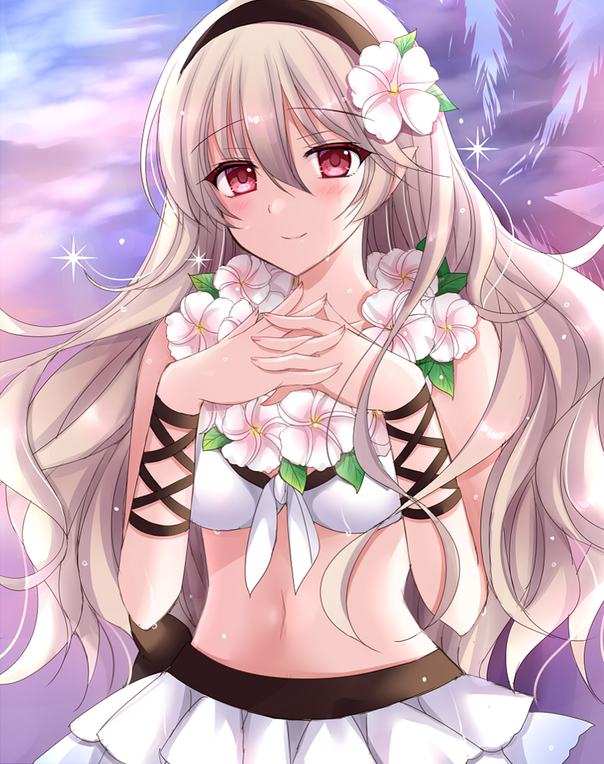 1girl bikini bikini_skirt blush breasts corrin_(fire_emblem) corrin_(fire_emblem)_(female) eyebrows_visible_through_hair fire_emblem fire_emblem_fates fire_emblem_heroes flower flower_neckwear hair_flower hair_ornament hairband kirishima_riona large_breasts long_hair looking_at_viewer navel own_hands_clasped own_hands_together red_eyes silver_hair swimsuit white_bikini wristband