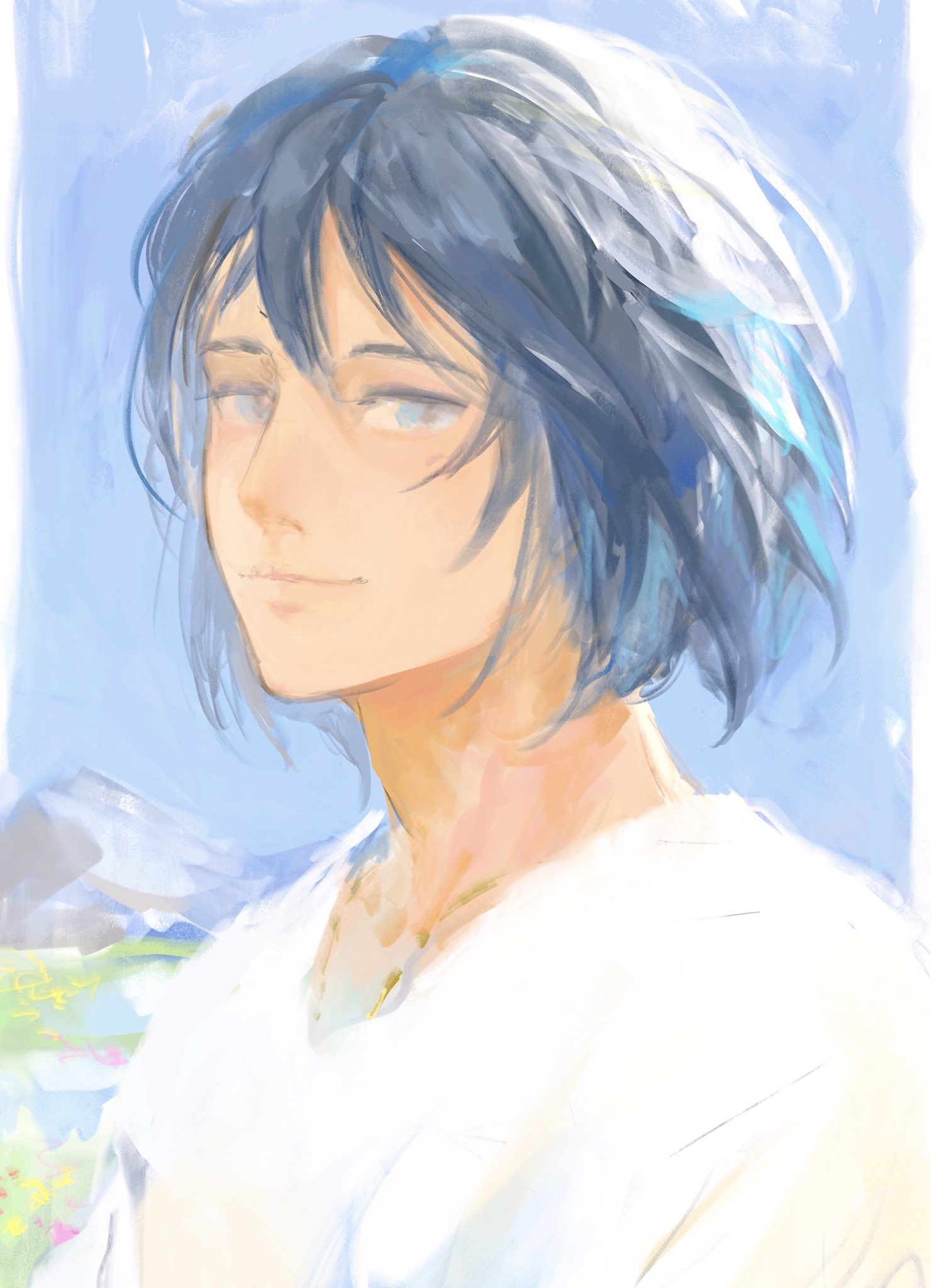 1boy blue_eyes blue_hair blue_sky closed_mouth copyright_request day hataya highres looking_at_viewer male_focus medium_hair outdoors shirt sky smile solo upper_body white_shirt