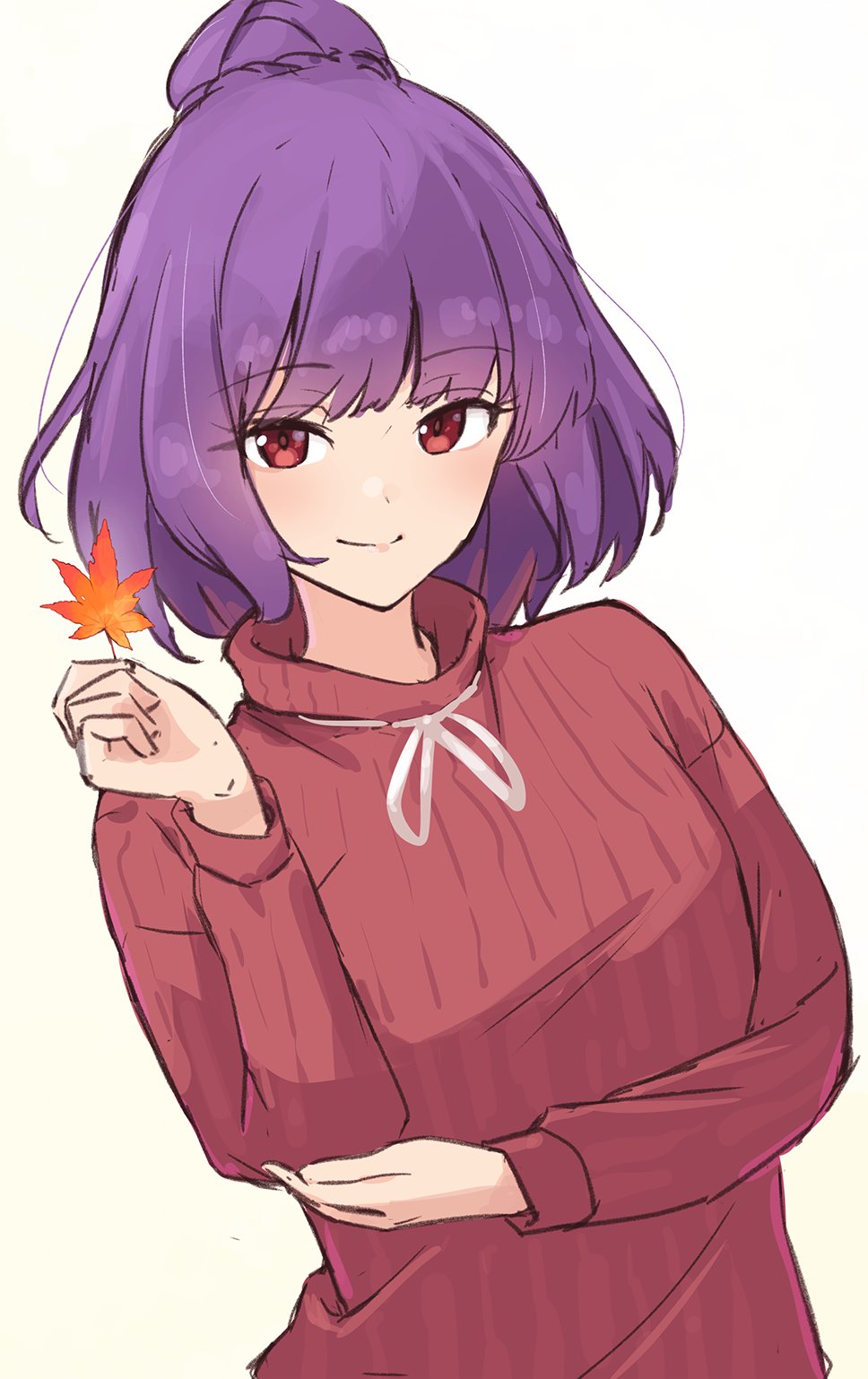 1girl alternate_hairstyle autumn_leaves bangs bow bowtie breasts closed_mouth eyebrows_visible_through_hair hair_bun hand_up highres kanpa_(campagne_9) leaf long_sleeves looking_at_viewer medium_breasts no_hat no_headwear one-hour_drawing_challenge purple_hair red_eyes red_sleeves red_sweater short_hair simple_background smile solo sweater touhou white_background white_bow white_neckwear yasaka_kanako