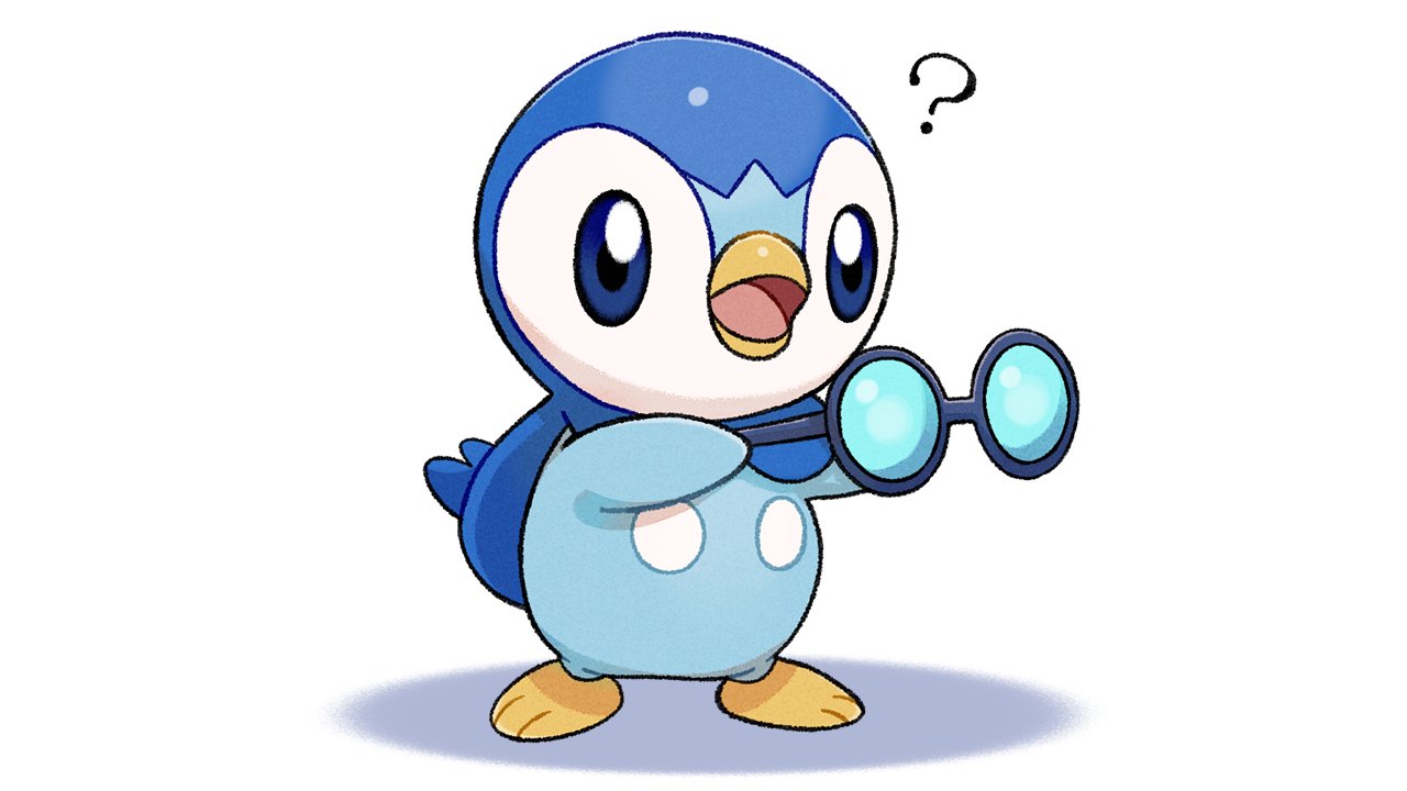 ? blue_eyes commentary_request glasses glasses_day holding holding_eyewear no_humans official_art open_mouth piplup pokemon pokemon_(creature) project_pochama solo standing toes tongue
