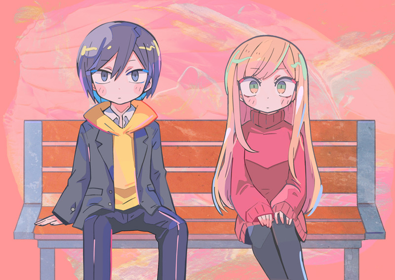 1boy 1girl arms_at_sides bench black_hair black_jacket black_legwear black_pants blazer blue_eyes blue_hair blush blush_stickers colored_inner_hair commentary expressionless feet_out_of_frame green_eyes hands_on_lap hood hood_down hoodie jacket kinoshita_akane legs_apart legs_together long_hair looking_at_viewer multicolored_hair on_bench orange_hair pants park_bench pink_background red_sweater side-by-side sitting sweater terada_tera turtleneck turtleneck_sweater very_long_hair yamada-kun_to_lv999_no_koi_wo_suru yamada_akito yellow_hoodie