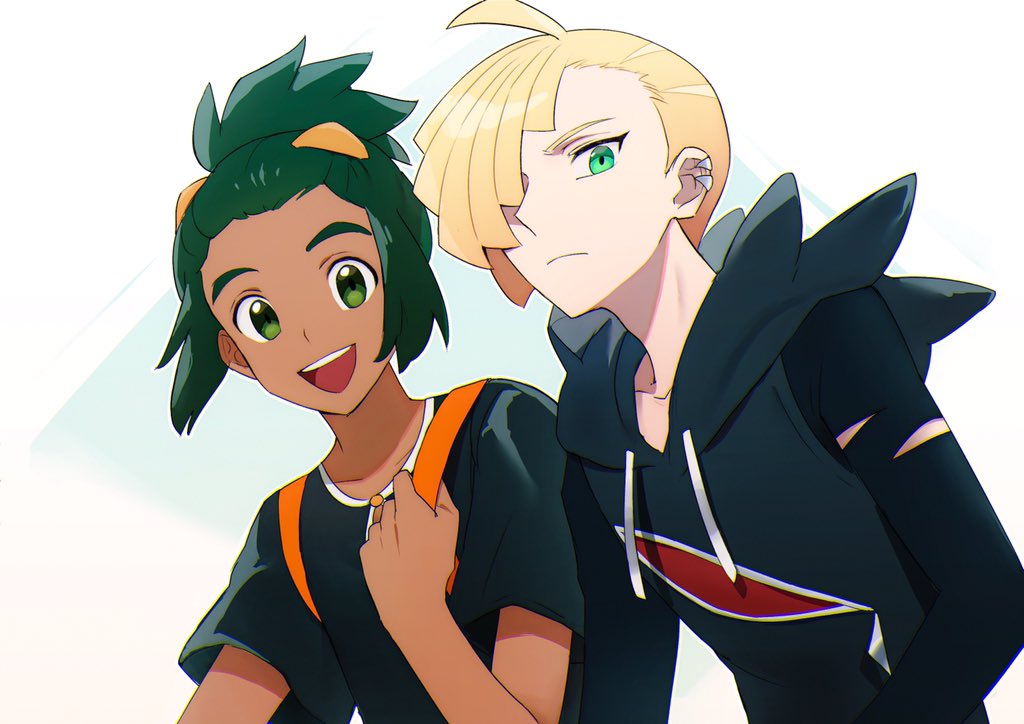 2boys :d black_hoodie black_shirt blonde_hair closed_mouth commentary_request dark-skinned_male dark_skin ear_piercing frown gladion_(pokemon) green_eyes green_hair hair_over_one_eye hau_(pokemon) hood hood_down hoodie konbu_1270 looking_at_viewer male_focus multiple_boys open_mouth piercing pokemon pokemon_(game) pokemon_sm shirt short_hair short_ponytail short_sleeves smile strap t-shirt tongue upper_body upper_teeth