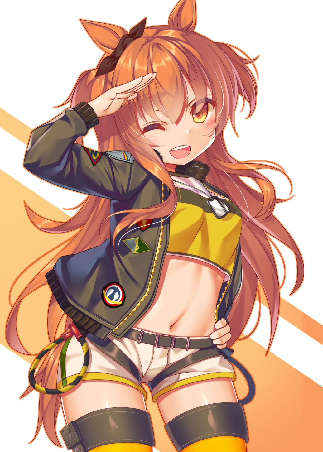 animal_ears breasts commentary_request dog_tags hair_ornament highres horse_ears horse_girl horse_tail jacket long_hair mayano_top_gun_(umamusume) midriff miyajima_(anthem-anthem) navel one_eye_closed open_mouth orange_eyes orange_hair salute shorts simple_background small_breasts tail thigh-highs twintails two_side_up umamusume