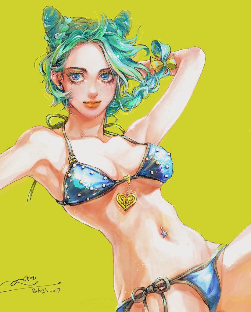 1girl akono arm_behind_head bikini blue_bikini blue_eyes bow braid breasts double_bun earrings green_background green_hair hair_bow heart heart_earrings jewelry jojo_no_kimyou_na_bouken kujo_jolyne medium_breasts navel_piercing orange_lips piercing side-tie_bikini signature single_braid smile solo stone_ocean swimsuit twitter_username