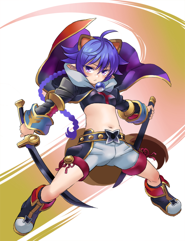 1girl ahoge animal_ears boots braid breasts closed_mouth coat full_body grey_shorts holding holding_sheath holding_sword holding_weapon legs_apart long_hair long_sleeves looking_at_viewer matsuhime_mujina midriff mimonel navel open_clothes open_coat purple_hair sheath shinrabanshou shorts single_braid small_breasts solo sword violet_eyes weapon