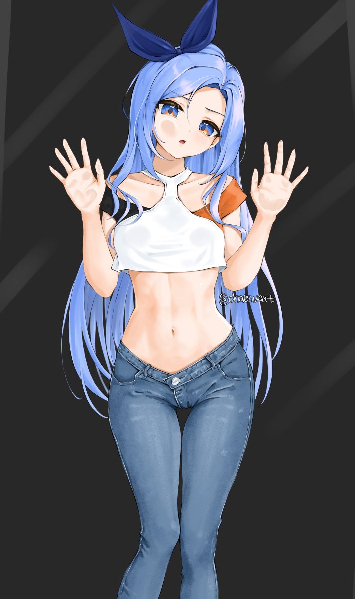 1girl artist_name black_background blue_eyes blue_hair blue_ribbon chaesu crop_top denim feet_out_of_frame hair_ribbon hands_up head_tilt highres jeans long_hair looking_at_viewer midriff minah_(chaesu) navel original pants parted_lips ribbon solo standing stomach twitter_username very_long_hair