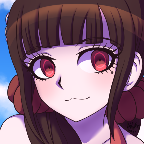 1girl 2021 :3 bangs blue_background brown_hair danganronpa_(series) danganronpa_v3:_killing_harmony day english_commentary eyebrows_visible_through_hair face hair_ornament hairclip harukawa_maki inglebard long_hair looking_at_viewer low_twintails mole mole_under_eye outdoors pale_skin portrait red_eyes red_scrunchie scrunchie signature smile solo twintails