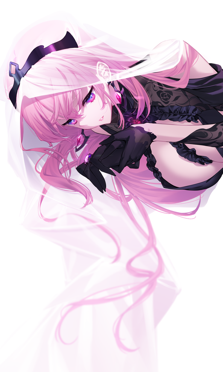 1girl bangs bare_shoulders black_dress breasts bridal_veil commentary dress earrings english_commentary eyebrows_visible_through_hair gloves half_gloves highres hololive hololive_english jewelry long_hair mori_calliope own_hands_together pink_hair ring solo tiara upper_body veil yaguo