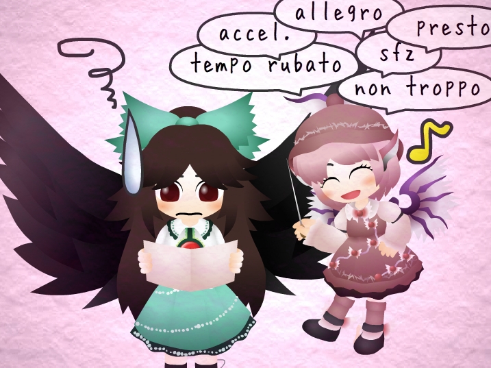 bird_wings blush bow frown hair_bow hat kouki_(nowlearning) musical_note mystia_lorelei paper reading reiuji_utsuho sweat sweatdrop talking touhou wings worried