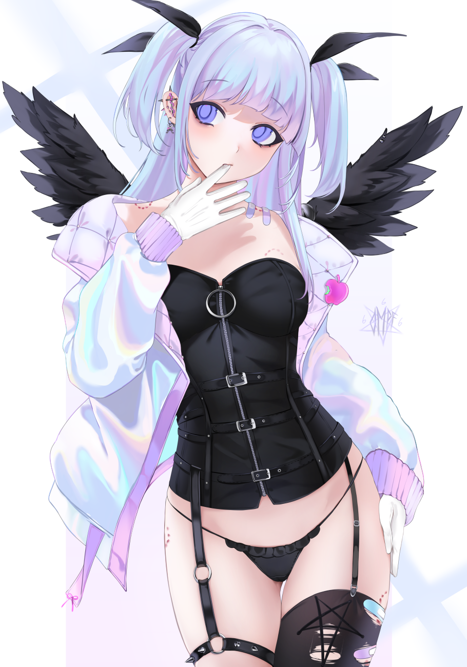1girl apple_print artist_name bandaid bandaid_on_shoulder bangs bare_shoulders black_legwear black_panties black_wings blue_eyes blush breasts commentary contrapposto cowboy_shot cross cross_earrings earrings eyebrows_visible_through_hair feathered_wings feathers garter_straps glove_in_mouth gloves grey_background hair_ribbon hand_on_hip hand_up highres jacket jewelry long_hair long_sleeves looking_at_viewer medium_breasts mouth_hold off_shoulder ompf original panties ribbon shiny shiny_hair solo spikes thigh-highs thigh_gap torn_clothes torn_legwear two_side_up underwear white_background white_gloves white_jacket wings
