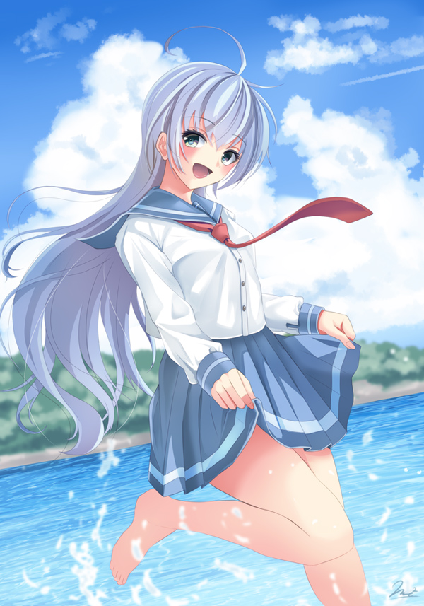 1girl ahoge bangs barefoot blue_sailor_collar blue_skirt blue_sky clouds cloudy_sky commentary_request day eyebrows_visible_through_hair green_eyes grey_hair long_hair long_sleeves looking_at_viewer original outdoors pleated_skirt red_neckwear sailor_collar school_uniform serafuku shirt signature skirt skirt_hold sky sleeves_past_wrists solo splashing standing standing_on_one_leg very_long_hair white_background white_shirt yumibakama_meme