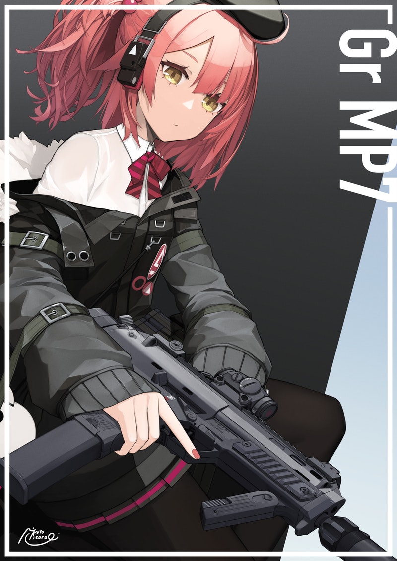 1girl ahoge bare_shoulders beret commission expressionless girls_frontline gun h&amp;k_mp7 hat headset medium_hair mp7_(girls'_frontline) pantyhose pleated_skirt red_nails redhead skeb_commission skirt solo submachine_gun weapon yellow_eyes zhibuji_loom