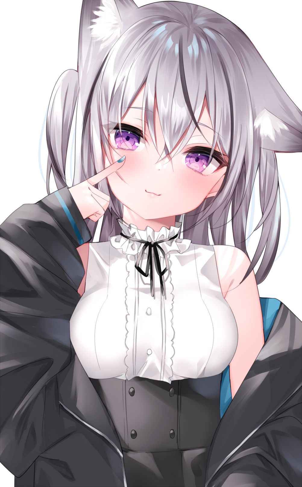 1girl animal_ear_fluff animal_ears bangs bare_shoulders black_hair black_jacket black_skirt blue_nails blush breasts closed_mouth commentary_request ear_down eyebrows_visible_through_hair finger_to_cheek grey_hair hair_between_eyes hand_up high-waist_skirt highres jacket komomo_(ptkrx) long_hair long_sleeves medium_breasts multicolored_hair nail_polish off_shoulder open_clothes open_jacket original puffy_long_sleeves puffy_sleeves shirt skirt sleeveless sleeveless_shirt sleeves_past_wrists smile solo streaked_hair upper_body violet_eyes white_shirt