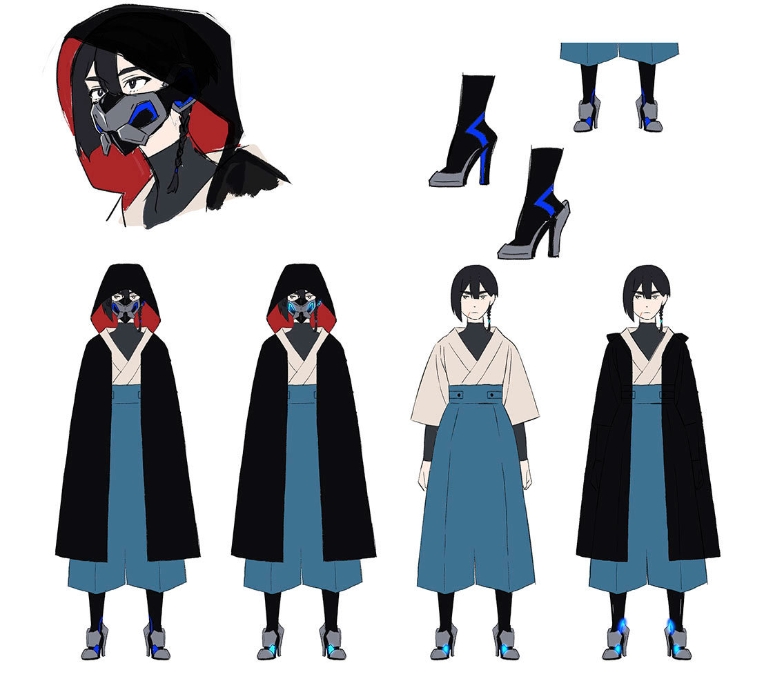 1girl arms_at_sides bangs black_cloak black_hair character_sheet cloak concept_art f_(star_wars) hair_between_eyes high_heels looking_ahead mask mouth_mask multiple_views official_art production_art robe short_hair standing star_wars star_wars:_visions tani_shiori white_background