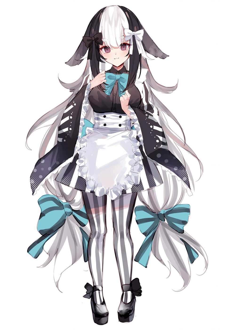 1girl :3 animal_ears apron bangs bikini black_bow black_footwear black_hair blue_bow bow bowtie breasts closed_mouth commentary_request eyebrows_visible_through_hair frilled_apron frilled_bikini frills full_body grey_hair hair_between_eyes hair_bow hands_up highres large_breasts long_hair long_sleeves looking_at_viewer low-tied_long_hair miyasaka_miyabi multicolored_hair original pantyhose platform_footwear rabbit_ears shoes short_eyebrows side_ponytail simple_background skirt solo standing striped striped_legwear swimsuit thick_eyebrows twintails vertical-striped_legwear vertical-striped_skirt vertical_stripes very_long_hair white_apron white_background white_bow white_hair wide_sleeves
