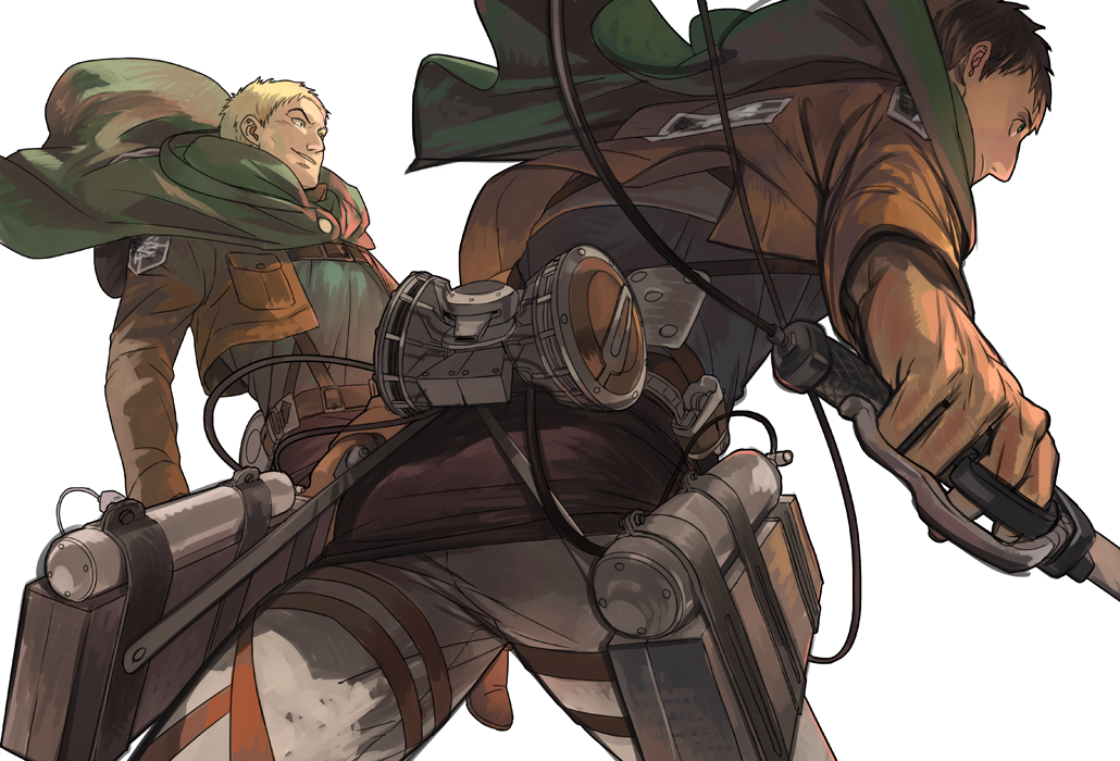 2boys ass bertolt_hoover blonde_hair brown_hair capelet feet_out_of_frame foreshortening from_behind green_capelet harness jacket leather leather_jacket looking_to_the_side male_focus multiple_boys pants prema-ja reiner_braun shingeki_no_kyojin short_hair sideburns smile three-dimensional_maneuver_gear white_pants wind
