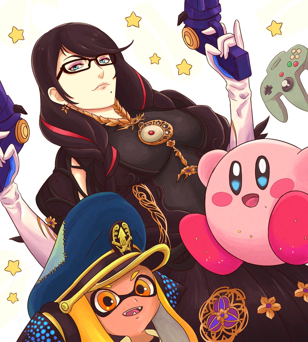 1boy 1girl bayonetta_(series) bayonetta_3 black_hair braid cape clothing_cutout earrings eyeshadow glasses gloves hat highres inkling jewelry kirby kirby_(series) lipstick long_hair looking_at_viewer makeup mole mole_under_mouth multicolored_hair redhead simple_background smile splatoon_(series) splatoon_3 streaked_hair truejekart twin_braids