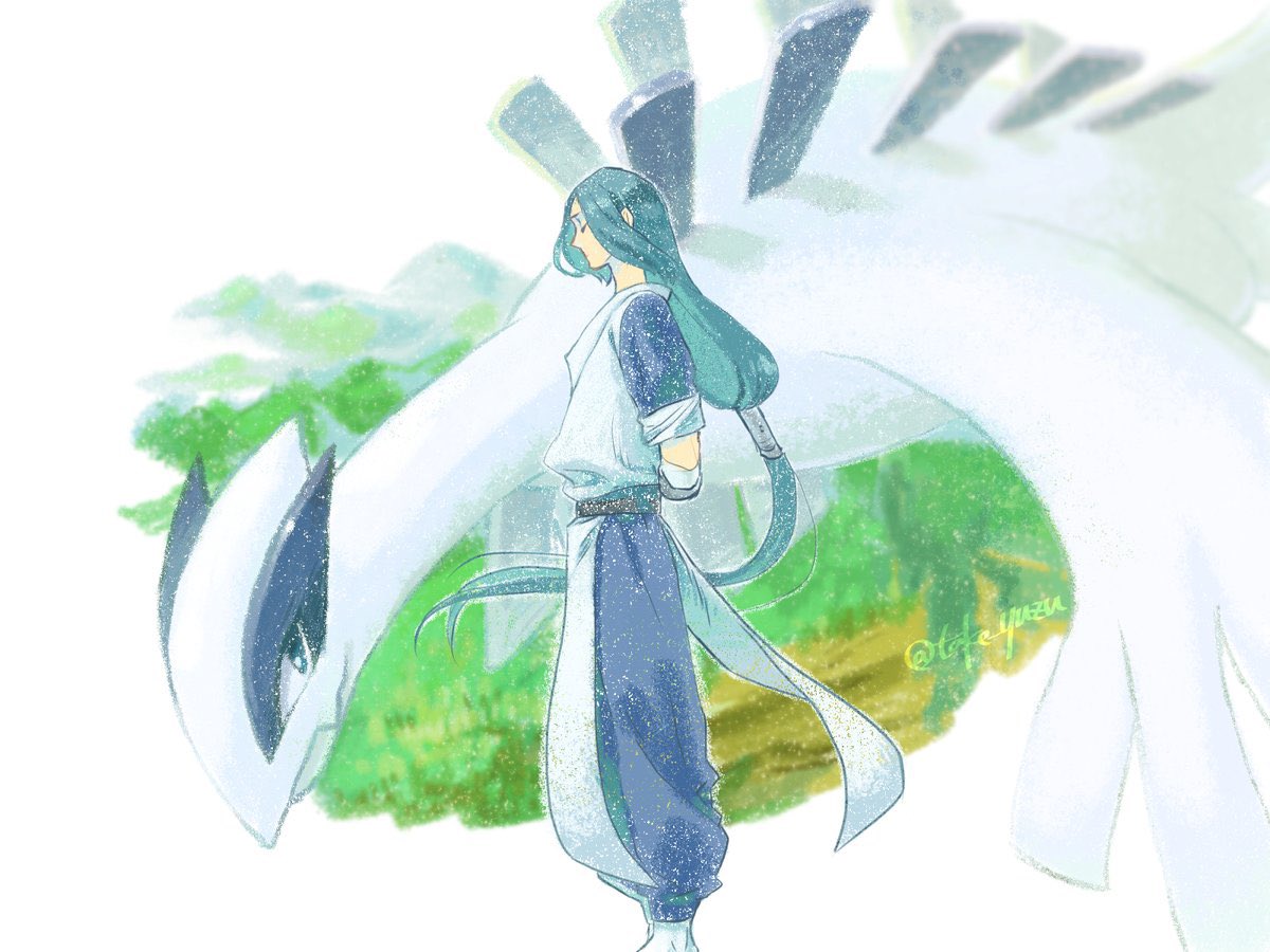 1boy arms_behind_back closed_eyes feet_out_of_frame legendary_pokemon long_hair low-tied_long_hair lugia no_mouth pokemon pokemon_(creature) solo standing the_legend_of_luo_xiaohei twitter_username very_long_hair wide_shot wuxian_(the_legend_of_luoxiaohei) yuzuri330